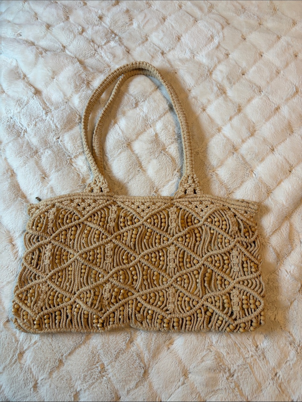 Handwoven Macramé Beaded Tote Bag in Tan